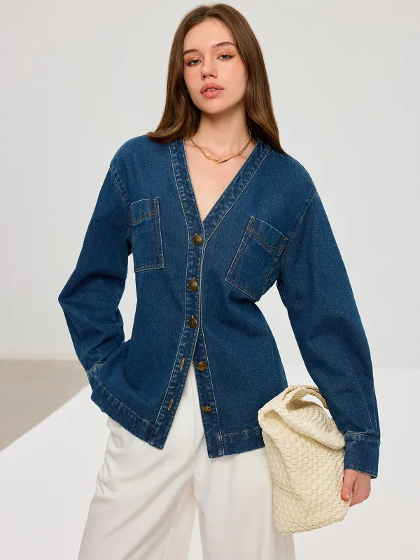 Denim V-Neck Button-Front Jacket sold by COMMENSE