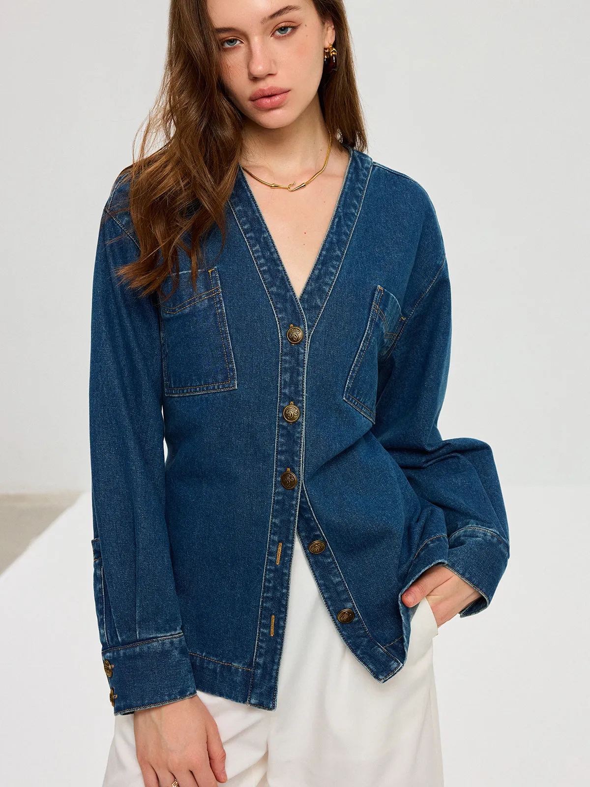 Denim V-Neck Button-Front Jacket sold by COMMENSE product image thumbnail 5
