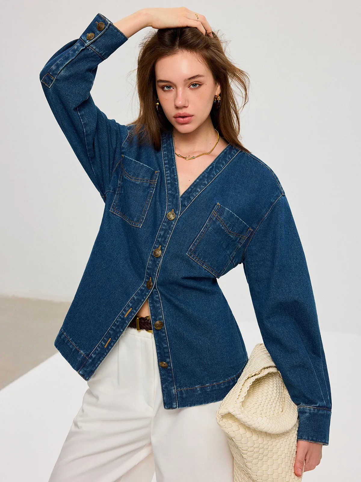 Denim V-Neck Button-Front Jacket sold by COMMENSE product image thumbnail 3