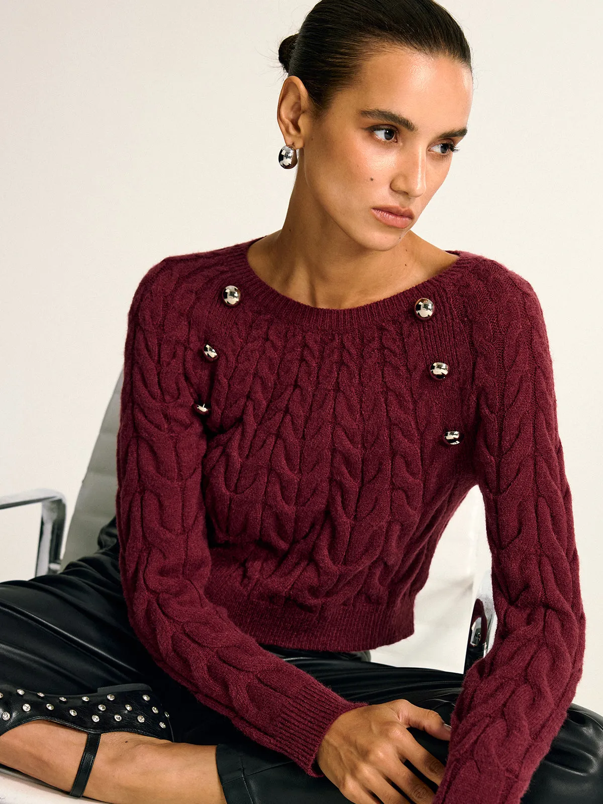 Metal Detail Cable Knit Round Neck Sweater sold by COMMENSE product image thumbnail 2