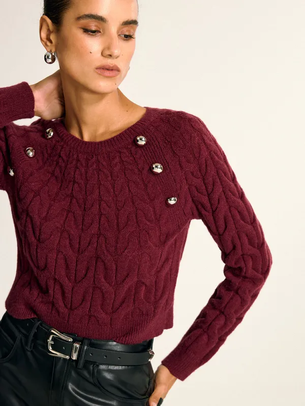 Metal Detail Cable Knit Round Neck Sweater sold by COMMENSE