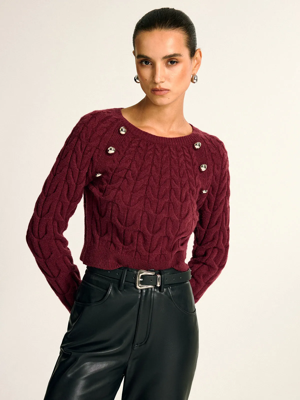 Metal Detail Cable Knit Round Neck Sweater sold by COMMENSE product image thumbnail 3