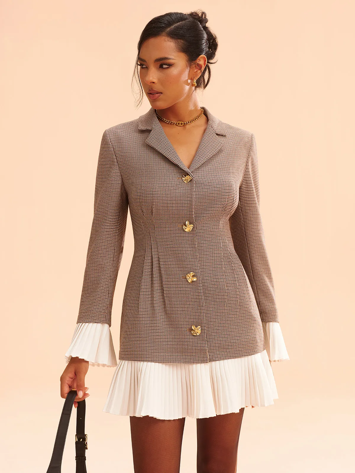 Pleated Hem Panel Houndstooth Blazer Dress sold by COMMENSE