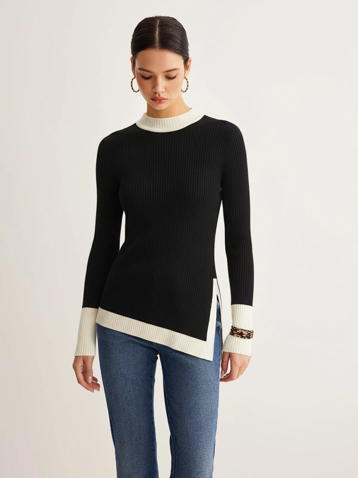 Color-Block Asymmetric Hem Ribbed Knit Top sold by COMMENSE