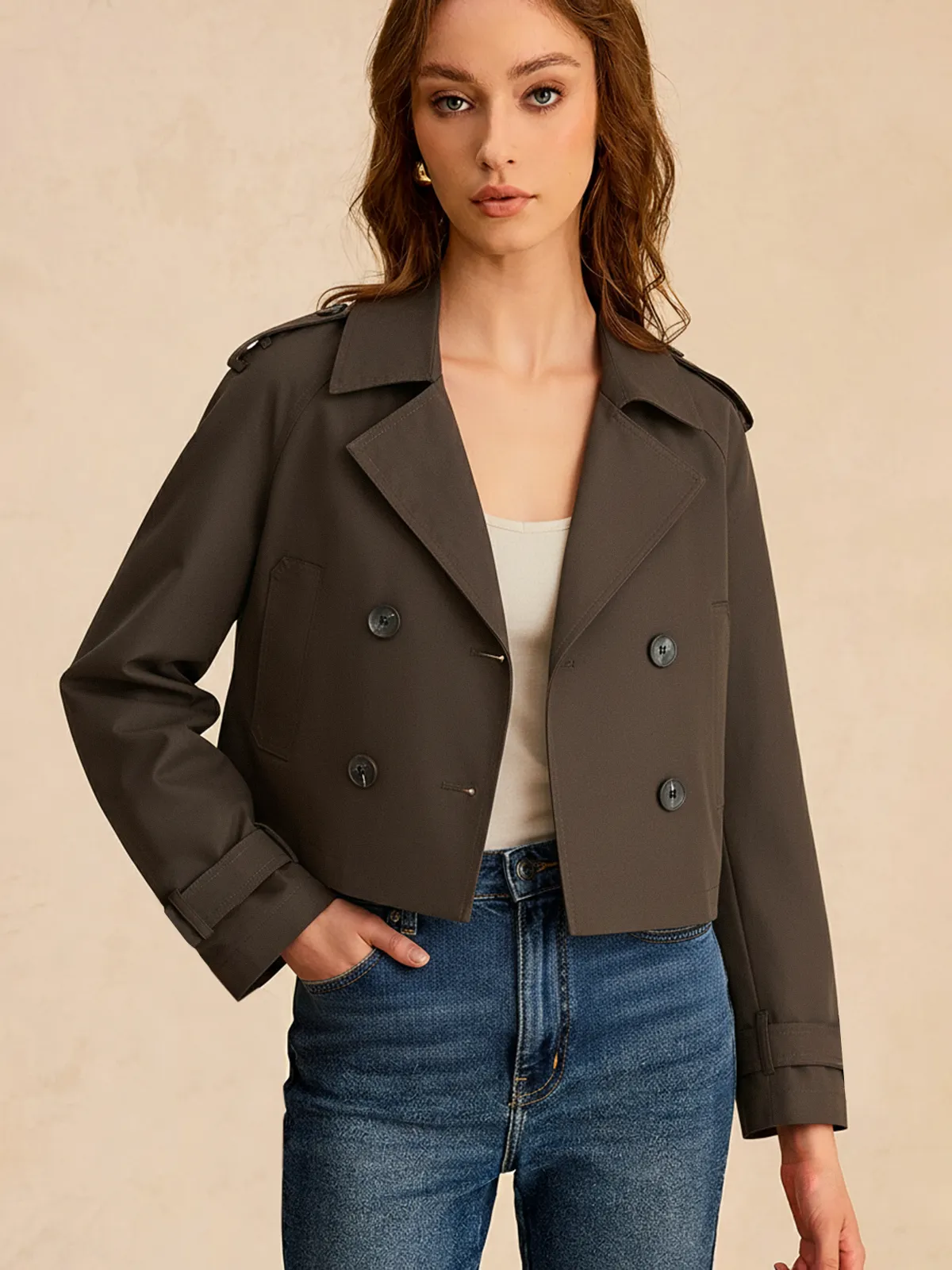 Double-Button Cropped Trench Coat sold by COMMENSE product image thumbnail 2