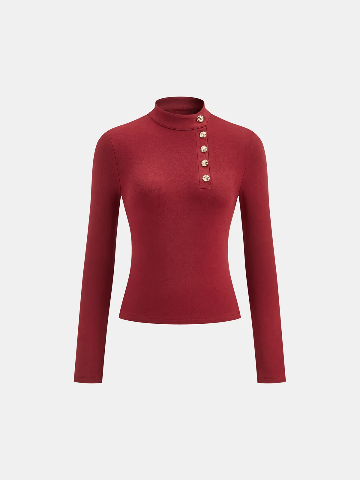 Asymmetric Placket Stand Collar Long Sleeve Blouse sold by COMMENSE