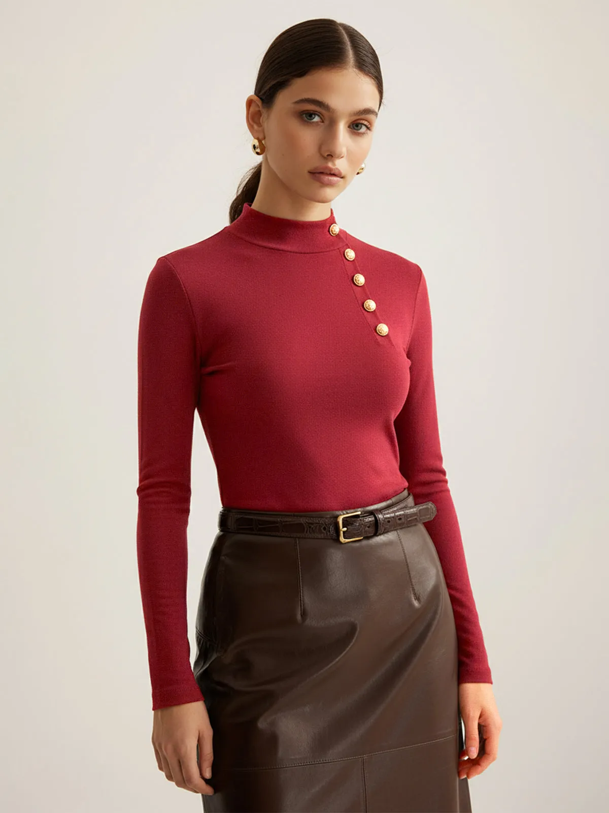 Asymmetric Placket Stand Collar Long Sleeve Blouse sold by COMMENSE product image thumbnail 2