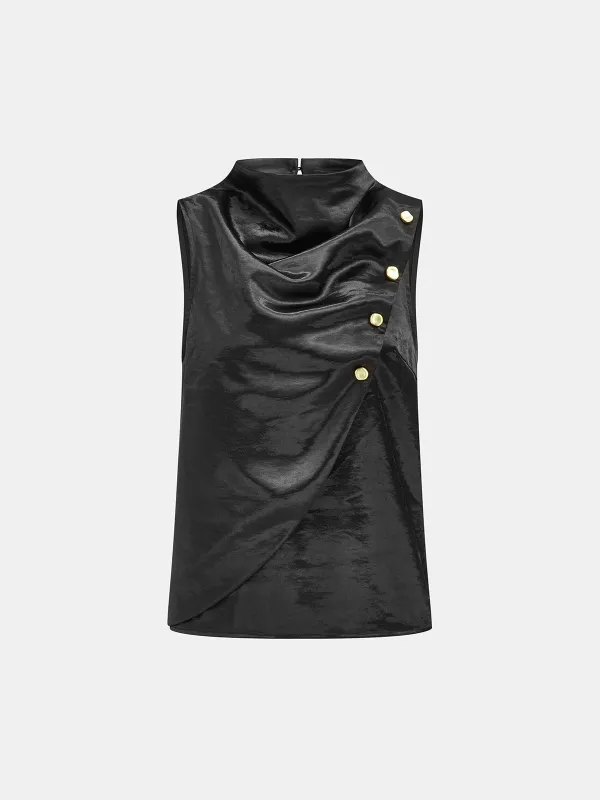 Metal Detail Satin Stand Collar Sleeveless Top sold by COMMENSE