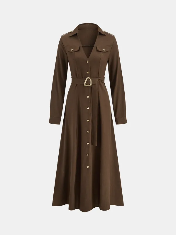 Belted Button-Front Shirt Dress sold by COMMENSE