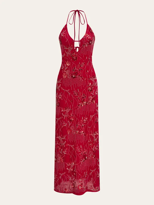 Halter Neck Sequin Embroidered Backless Maxi Dress sold by COMMENSE