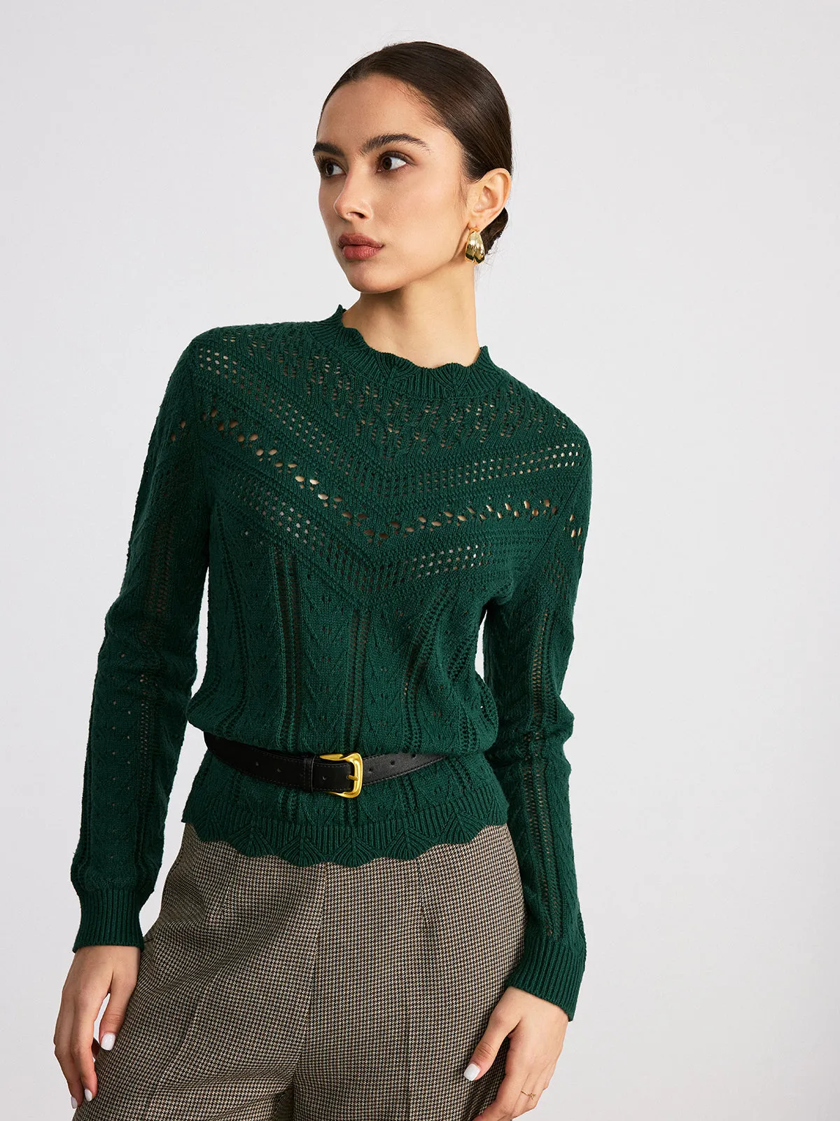 Scalloped Edge Openwork Knit Sweater sold by COMMENSE