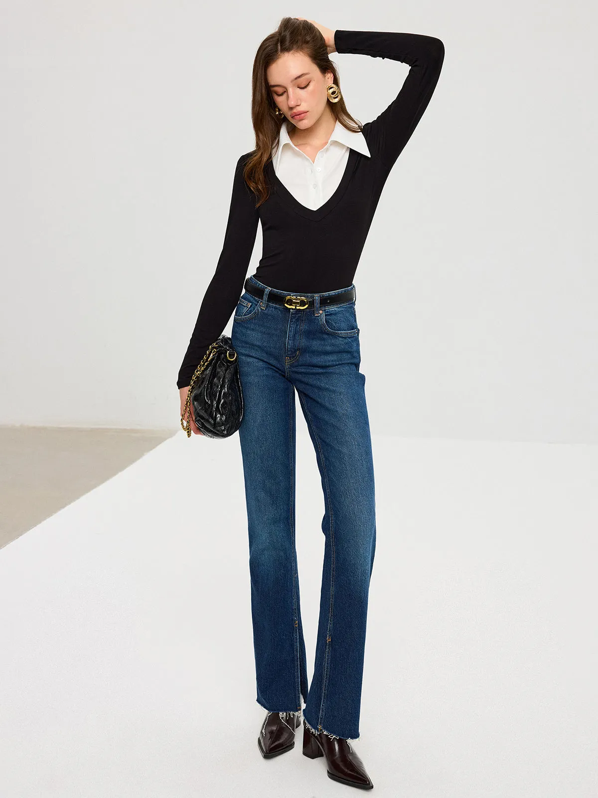 High-Stretch Contrast Shirt Collar Knit Bodysuit sold by COMMENSE product image thumbnail 5