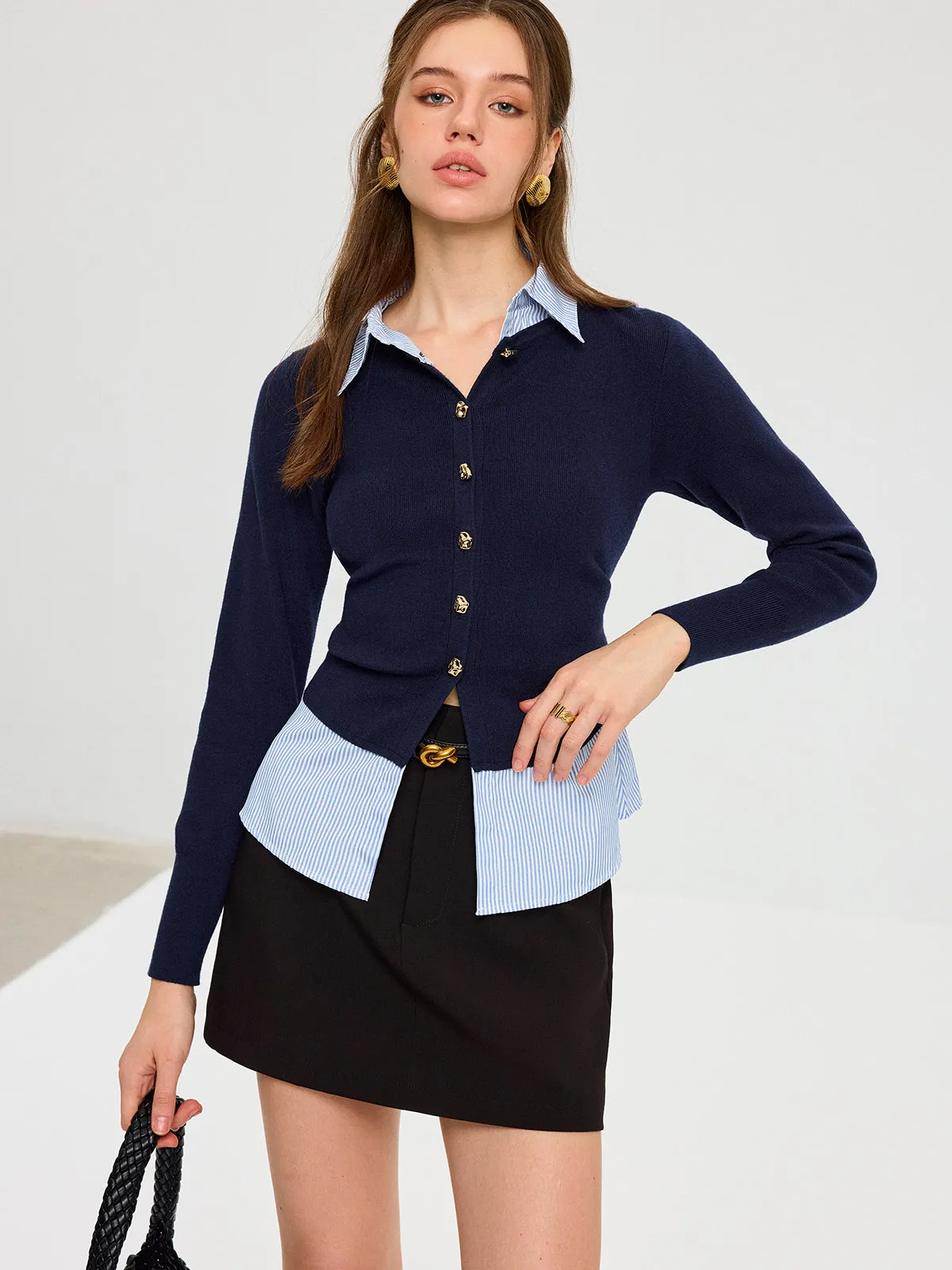 Striped Shirt Panel Metal Button Knit Top sold by COMMENSE product image thumbnail 3