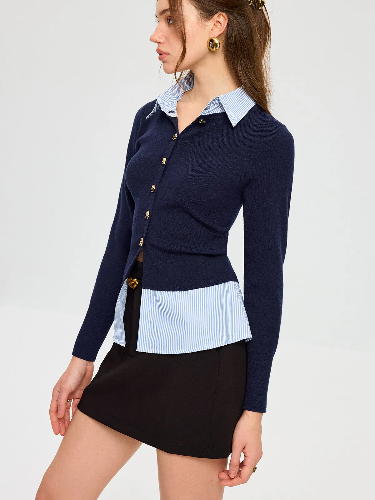 Striped Shirt Panel Metal Button Knit Top sold by COMMENSE product image thumbnail 4