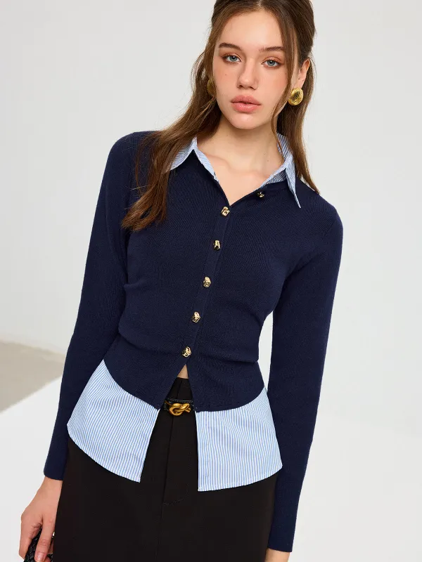Striped Shirt Panel Metal Button Knit Top sold by COMMENSE