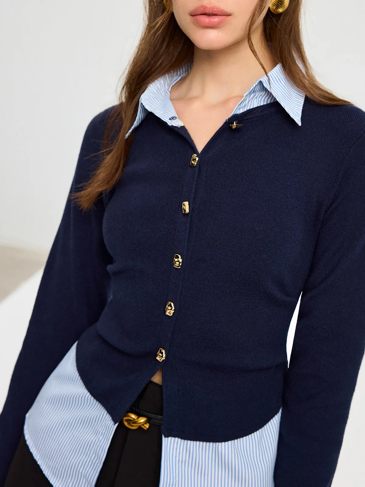 Striped Shirt Panel Metal Button Knit Top sold by COMMENSE product image thumbnail 5