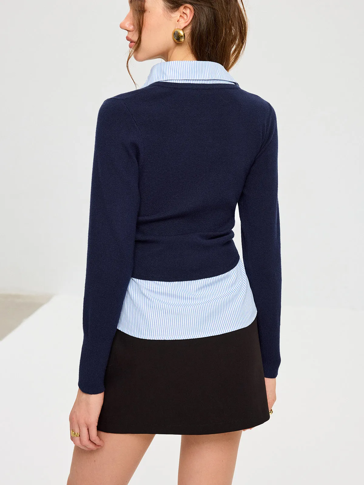 Striped Shirt Panel Metal Button Knit Top sold by COMMENSE product image thumbnail 2