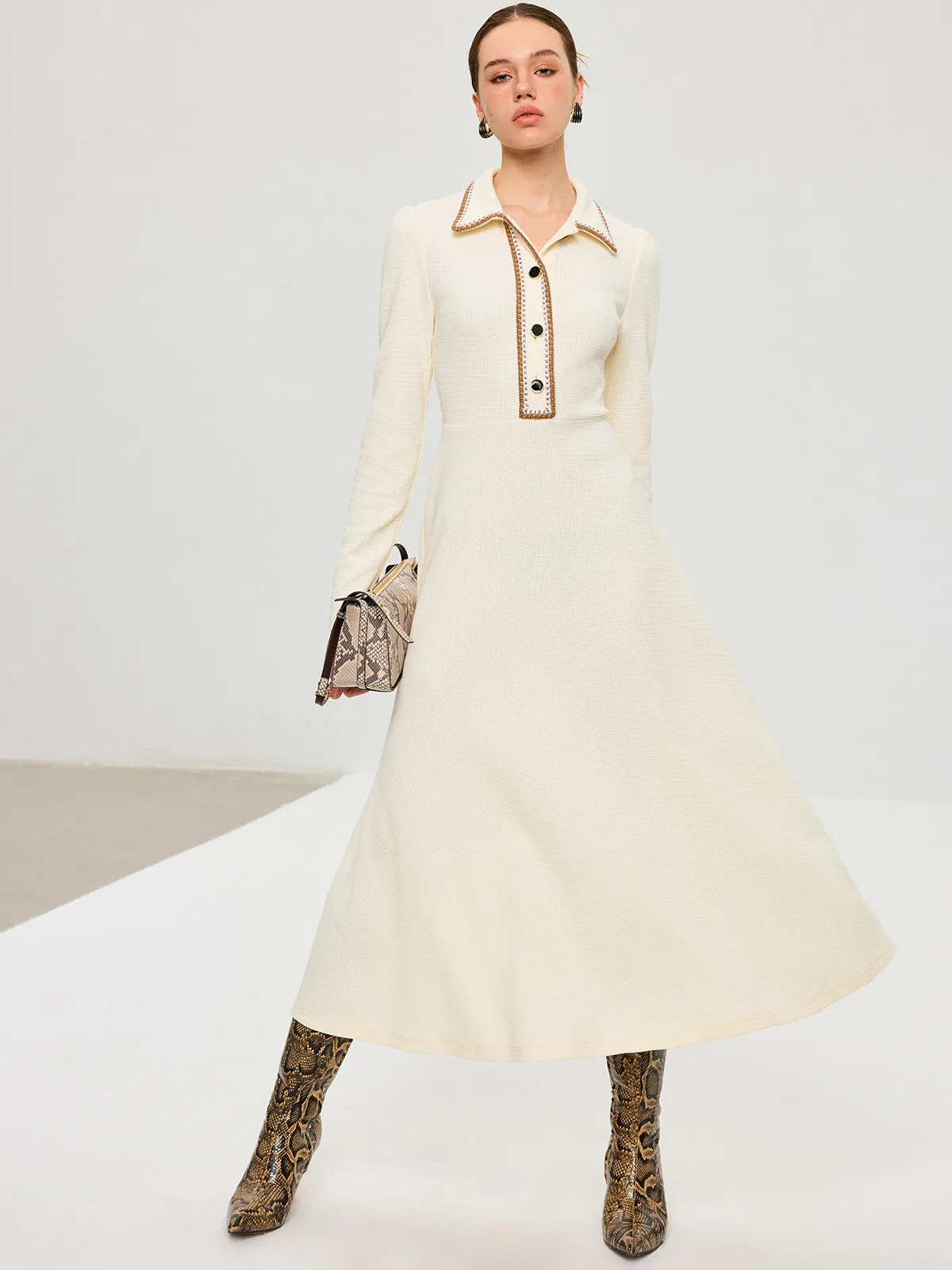 Contrast Trim Collared Midi Dress sold by COMMENSE