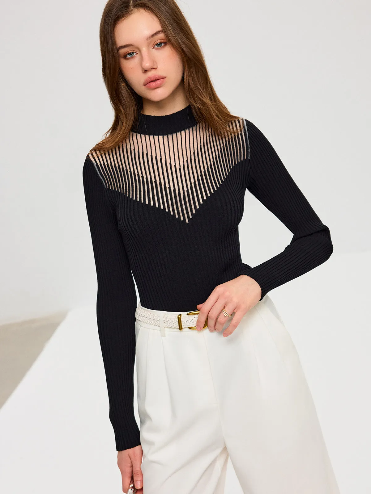 Striped Mesh Panel Ribbed Knit Top sold by COMMENSE