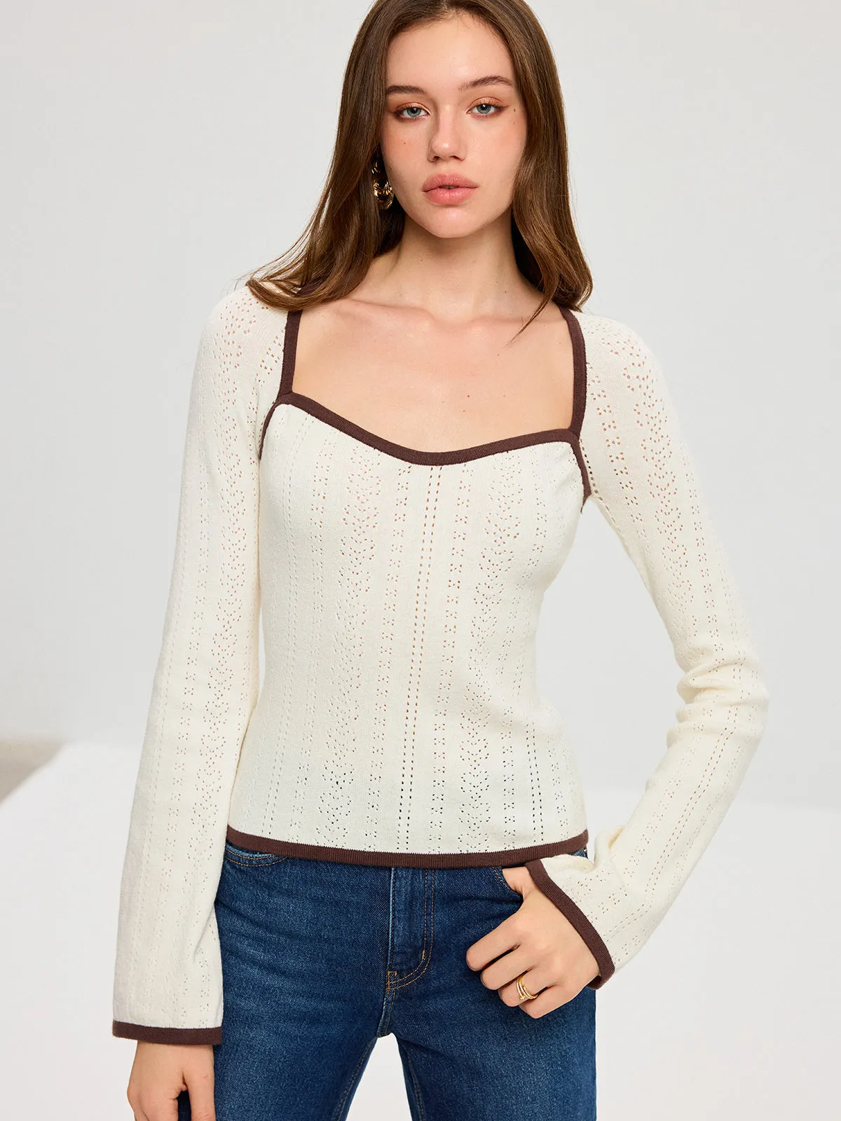 Square Neck Contrast Trim Eyelet Sweater sold by COMMENSE product image thumbnail 4