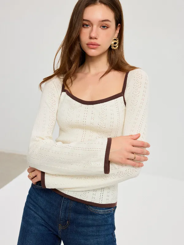 Square Neck Contrast Trim Eyelet Sweater sold by COMMENSE