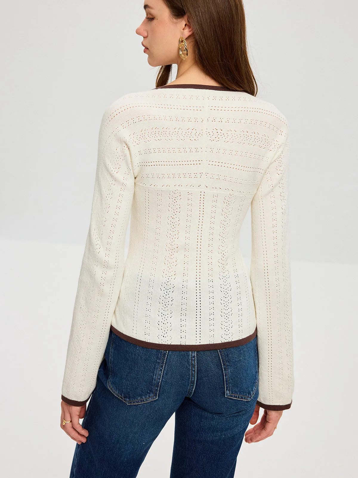Square Neck Contrast Trim Eyelet Sweater sold by COMMENSE product image thumbnail 5
