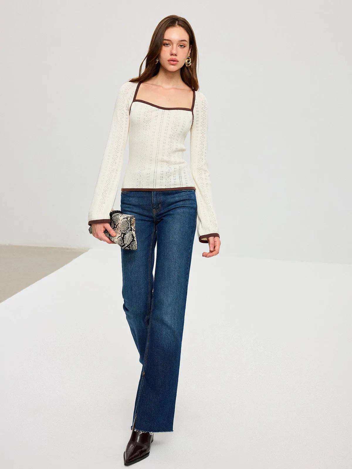 Square Neck Contrast Trim Eyelet Sweater sold by COMMENSE product image thumbnail 2