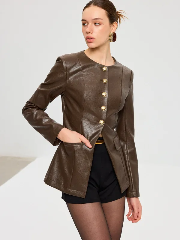 Metal Button Fitted PU Leather Jacket sold by COMMENSE