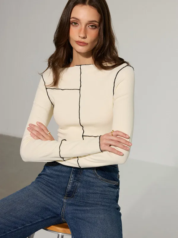 Contrast Stitching Fitted Knit Top sold by COMMENSE