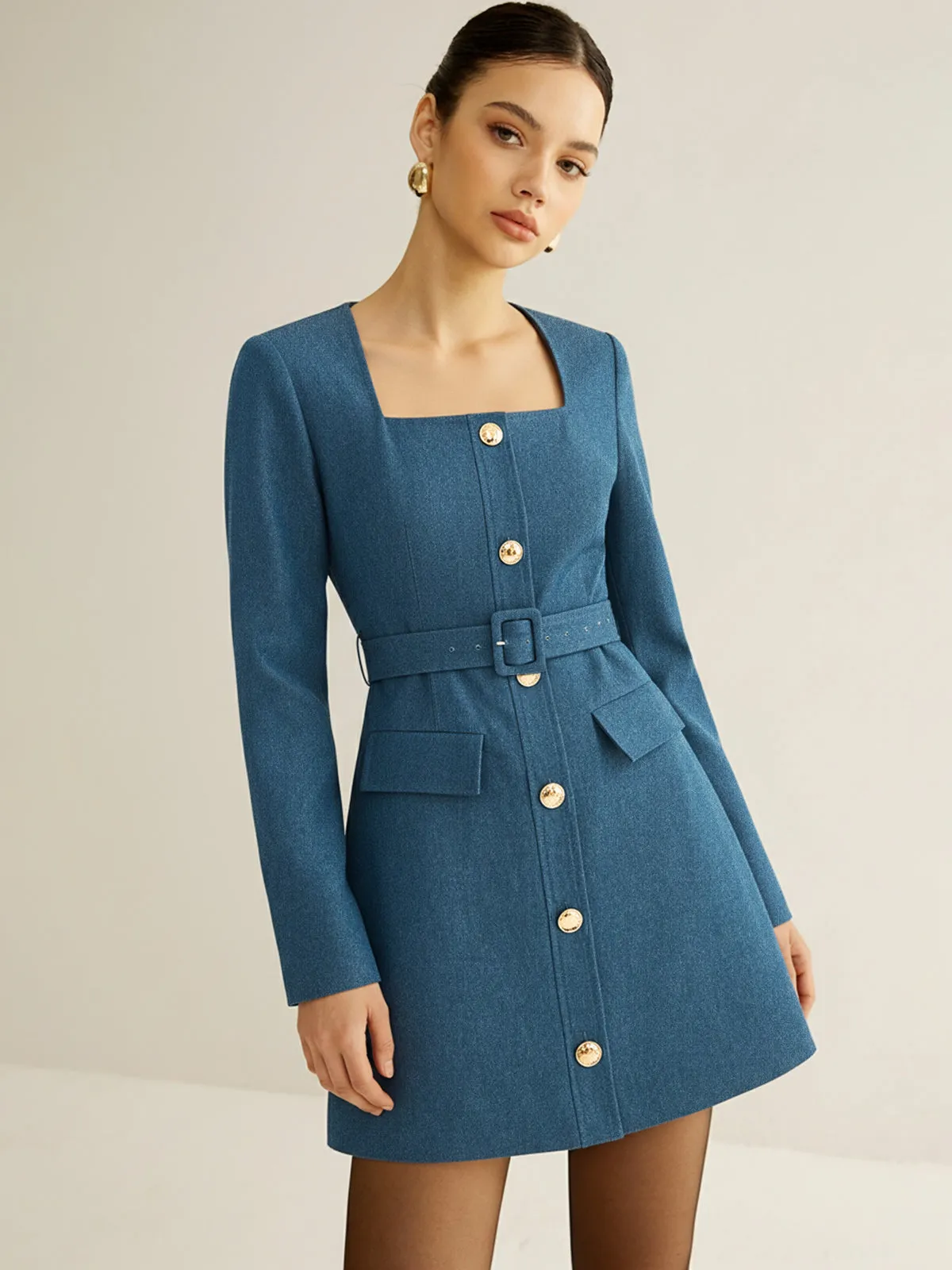 Square-Neck Belted Metal Button Mini Dress sold by COMMENSE product image thumbnail 2