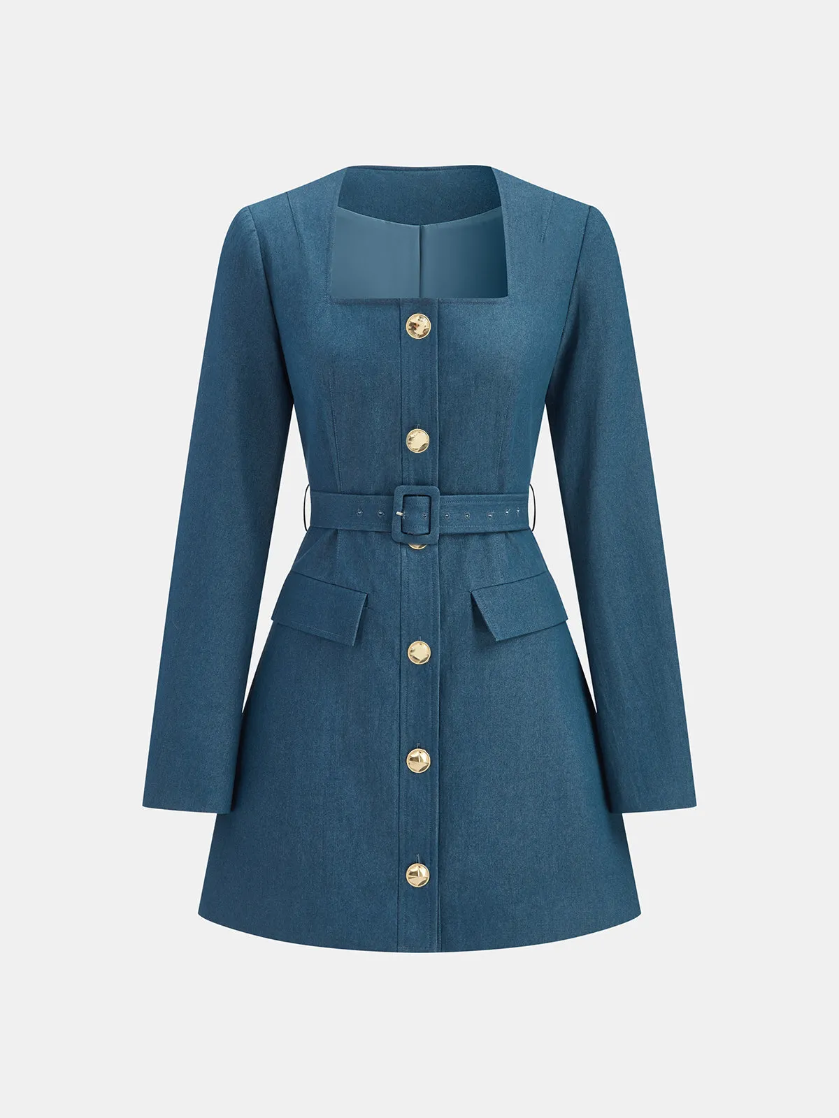 Square-Neck Belted Metal Button Mini Dress sold by COMMENSE