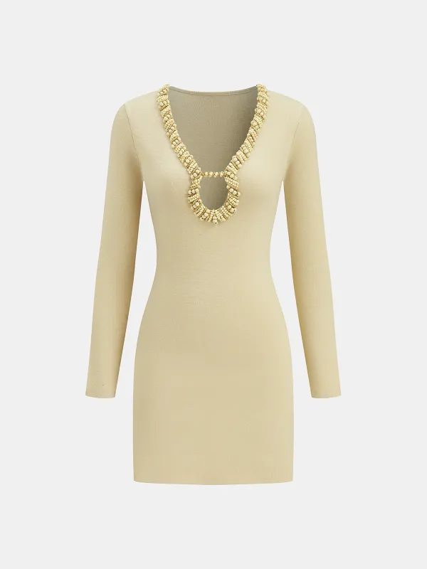 Wool Blend Beaded Cut-Out Neckline Long Sleeve Dress sold by COMMENSE