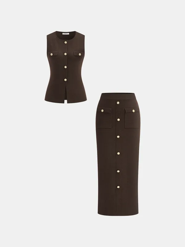 Wool Blend Metal Button Vest and Skirt Set sold by COMMENSE