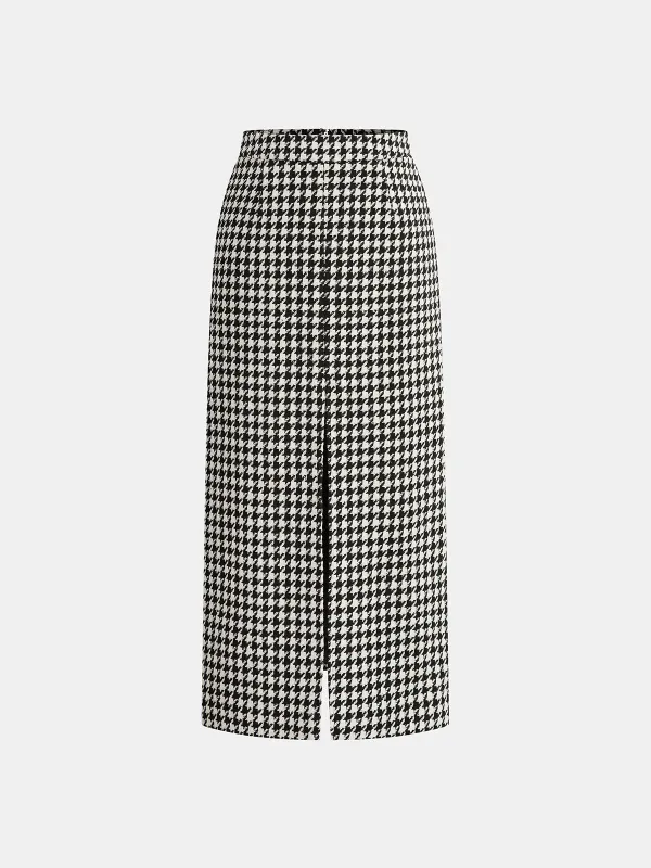 Houndstooth Tweed Slit Front Maxi Skirt sold by COMMENSE