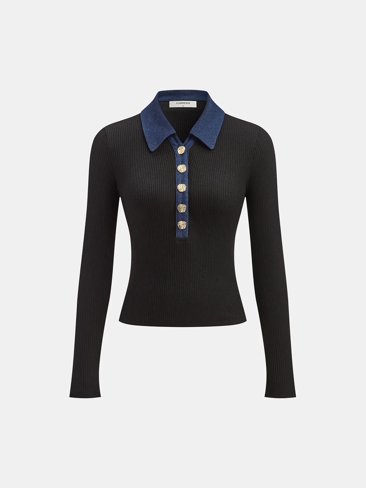 Contrast Collar Metal Button Ribbed Knit T-Shirt sold by COMMENSE