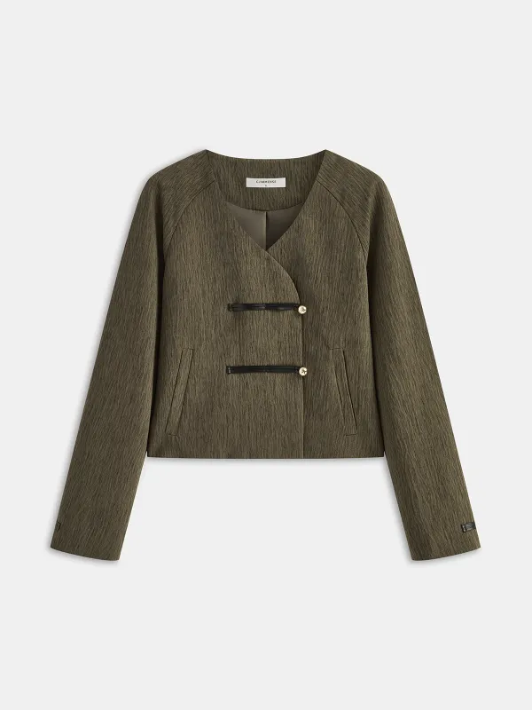Cropped Jacket with Faux Leather Fasteners sold by COMMENSE
