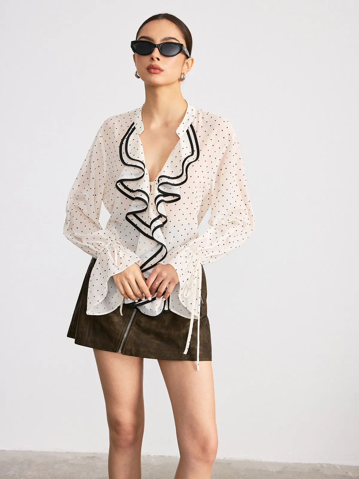 Ruffle Polka Dot Long Sleeve Shirt sold by COMMENSE product image thumbnail 4