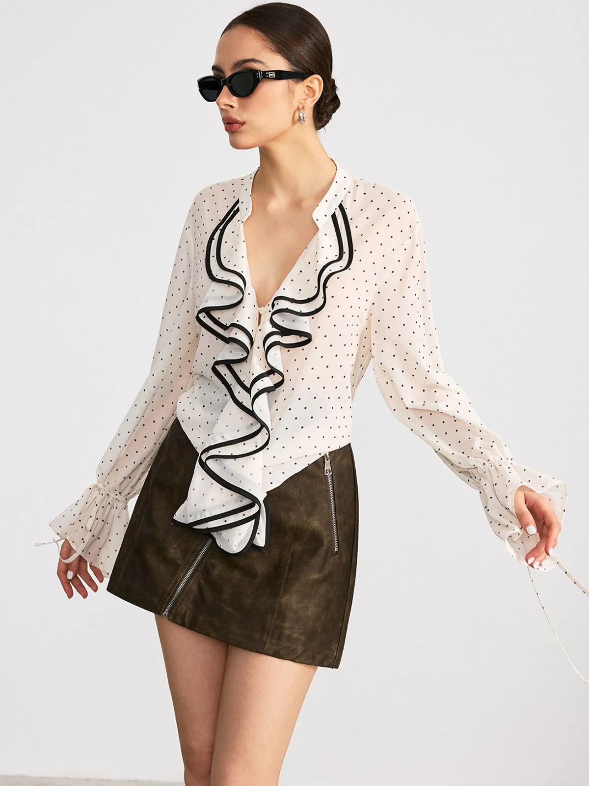 Ruffle Polka Dot Long Sleeve Shirt sold by COMMENSE