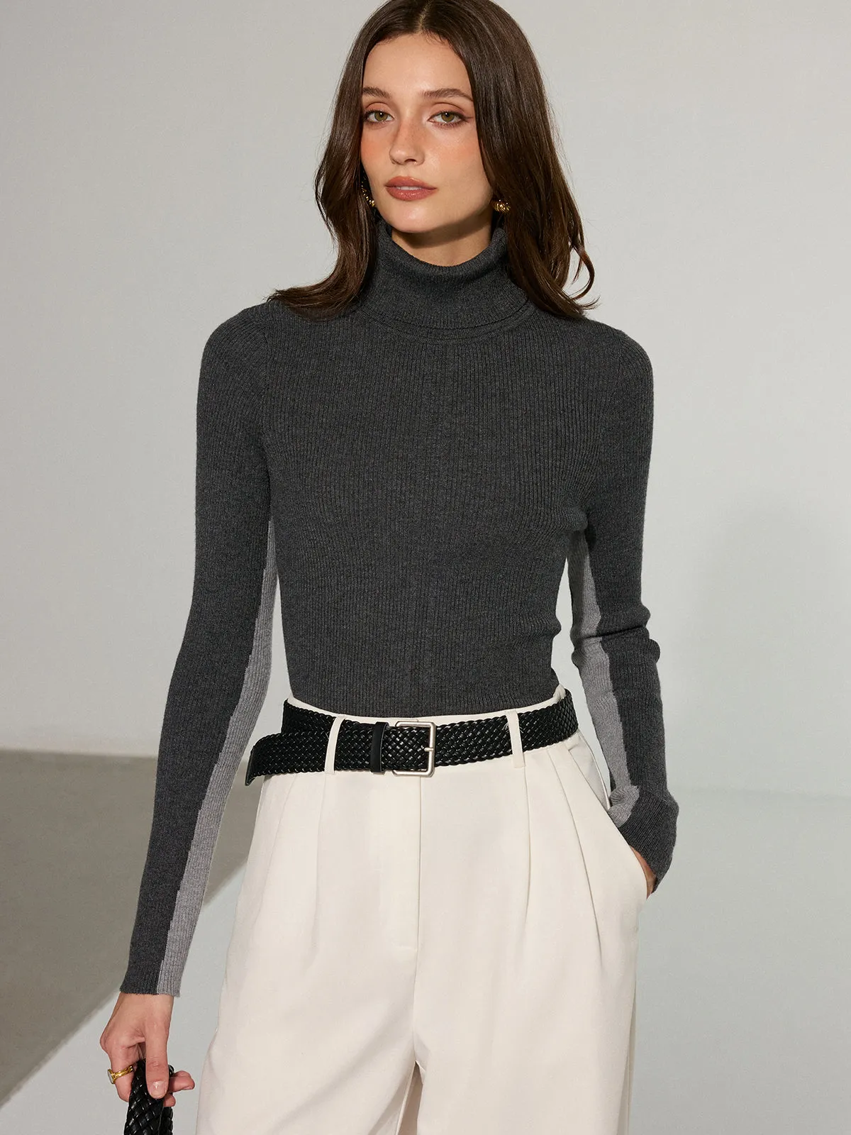 Color-Block Turtleneck Wool Blend Knit Top sold by COMMENSE product image thumbnail 3