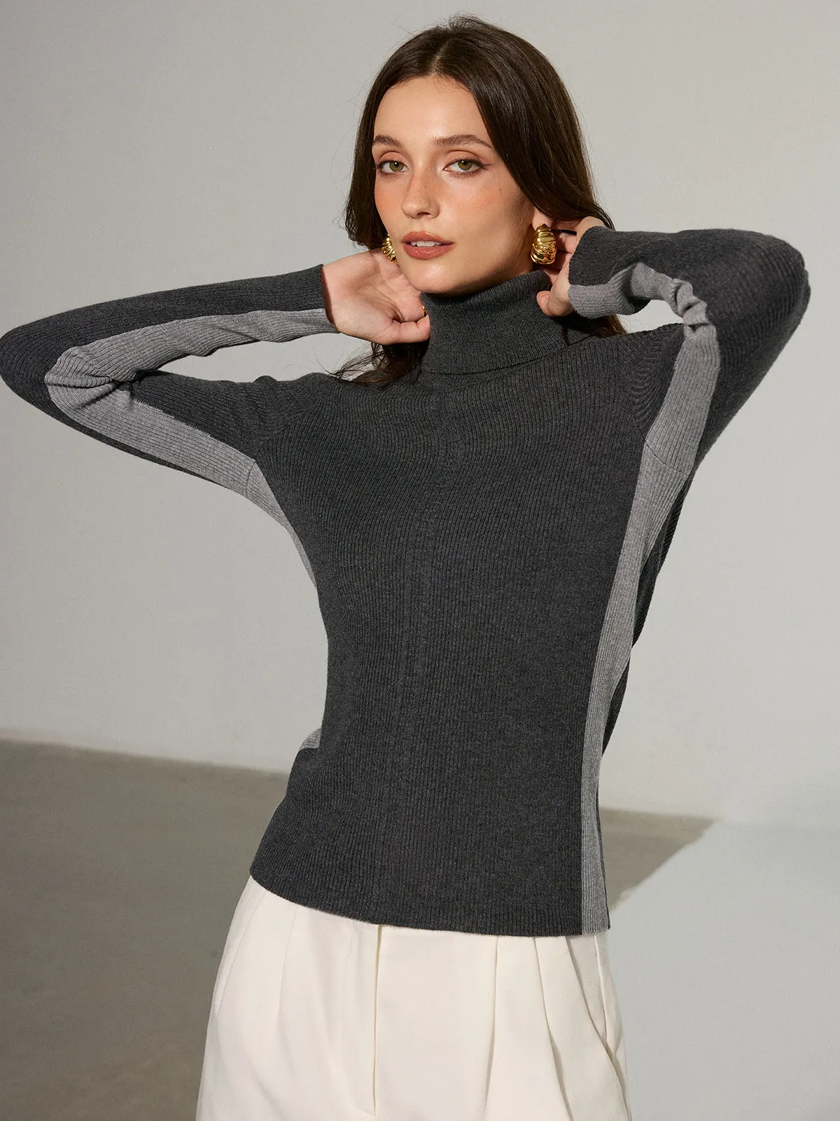 Color-Block Turtleneck Wool Blend Knit Top sold by COMMENSE