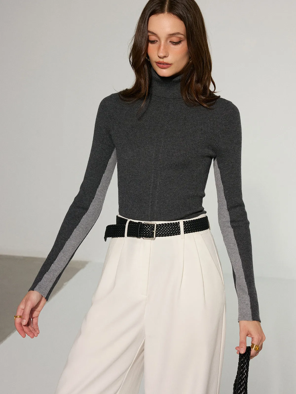 Color-Block Turtleneck Wool Blend Knit Top sold by COMMENSE product image thumbnail 5