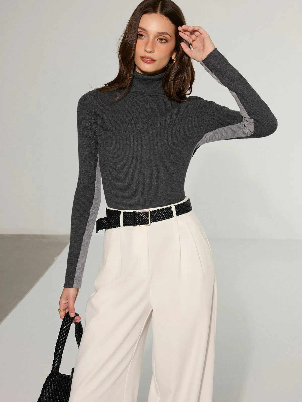 Color-Block Turtleneck Wool Blend Knit Top sold by COMMENSE product image thumbnail 2