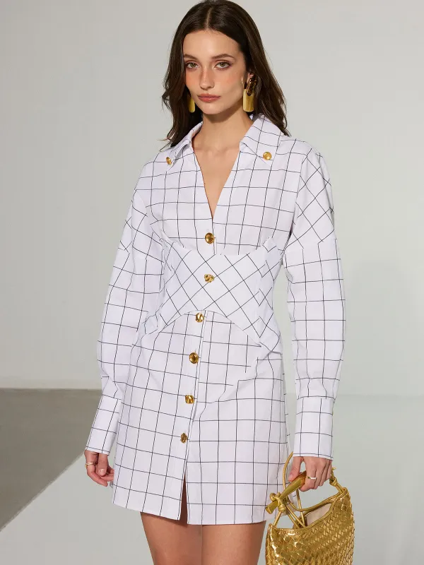 Metal Button Checked Cotton Shirt Dress sold by COMMENSE
