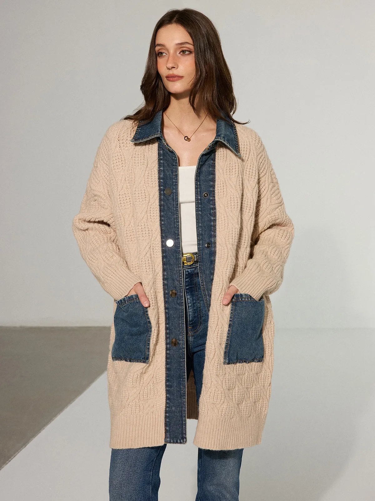 Cable Knit Denim Paneled Longline Cardigan sold by COMMENSE product image thumbnail 5
