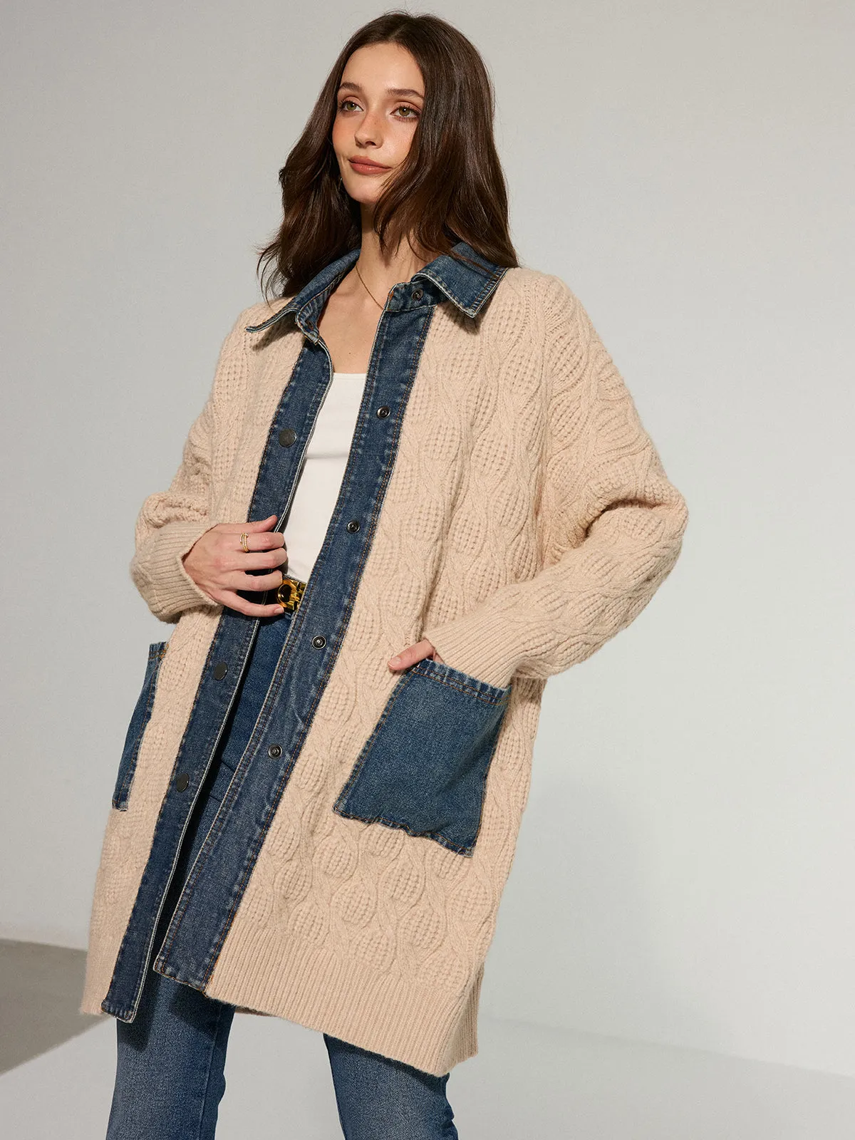 Cable Knit Denim Paneled Longline Cardigan sold by COMMENSE product image thumbnail 2