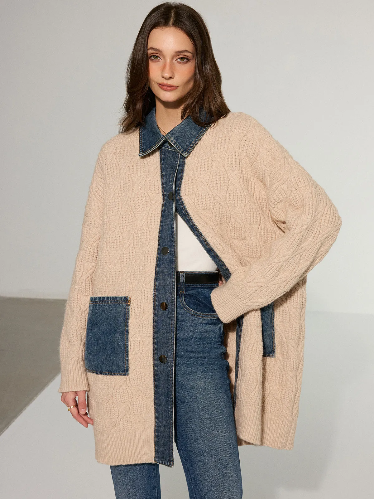 Cable Knit Denim Paneled Longline Cardigan sold by COMMENSE product image thumbnail 3