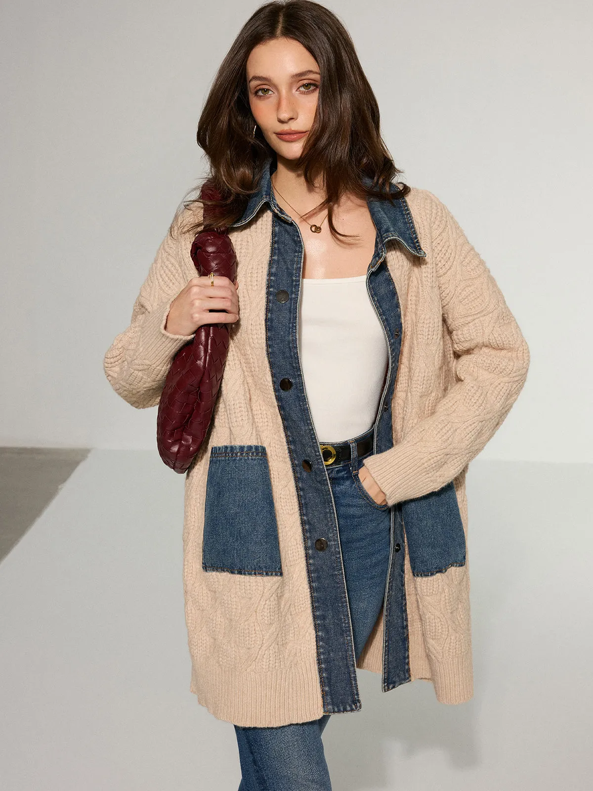 Cable Knit Denim Paneled Longline Cardigan sold by COMMENSE product image thumbnail 4