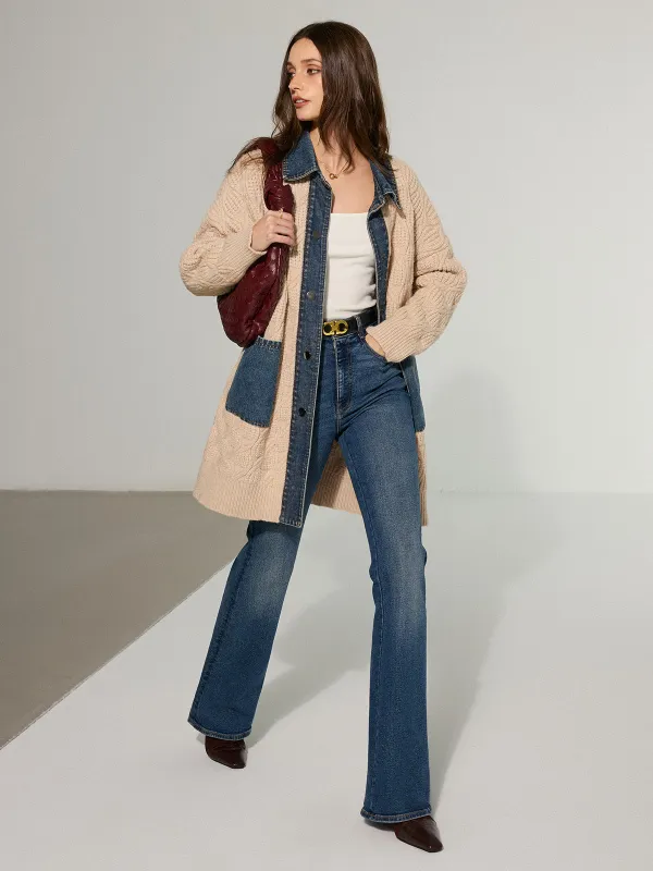 Cable Knit Denim Paneled Longline Cardigan sold by COMMENSE