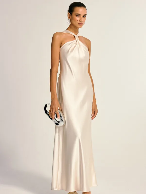 Satin Halter Neck Slit Back Maxi Dress sold by COMMENSE