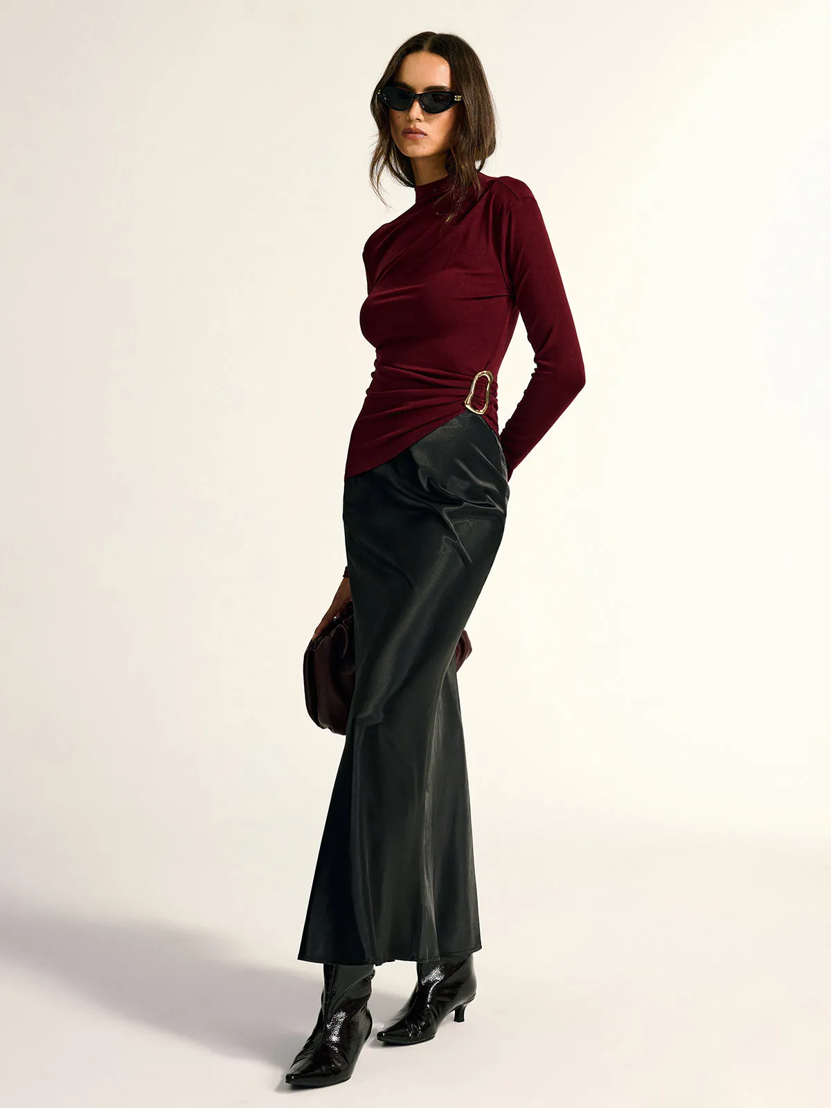 Metal Buckle Asymmetric Mock Neck Blouse sold by COMMENSE product image thumbnail 4